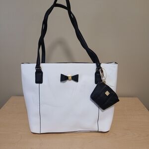 Elegant White and Black Tote Bag with Bow Accent